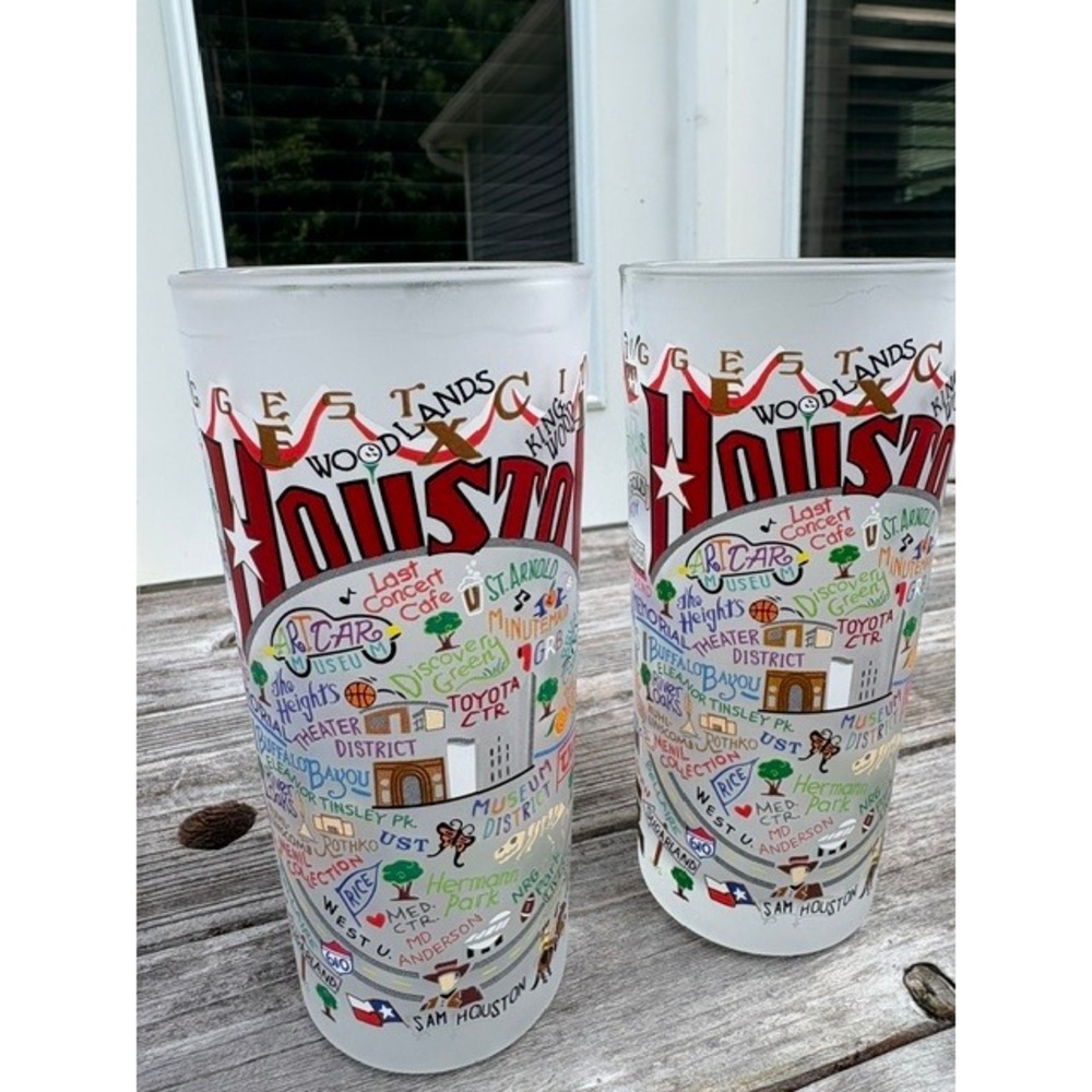 Set of 2 Houston Texas Frosted Highball Glasses City Map Souvenir Tumblers